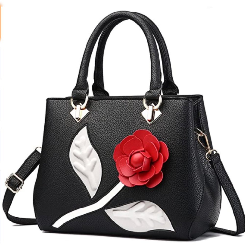 Black Leather Handbag with 3D Rose Design